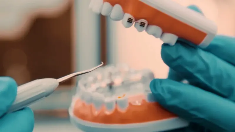 Gloved hands holding a teeth model with braces next to a dental tool